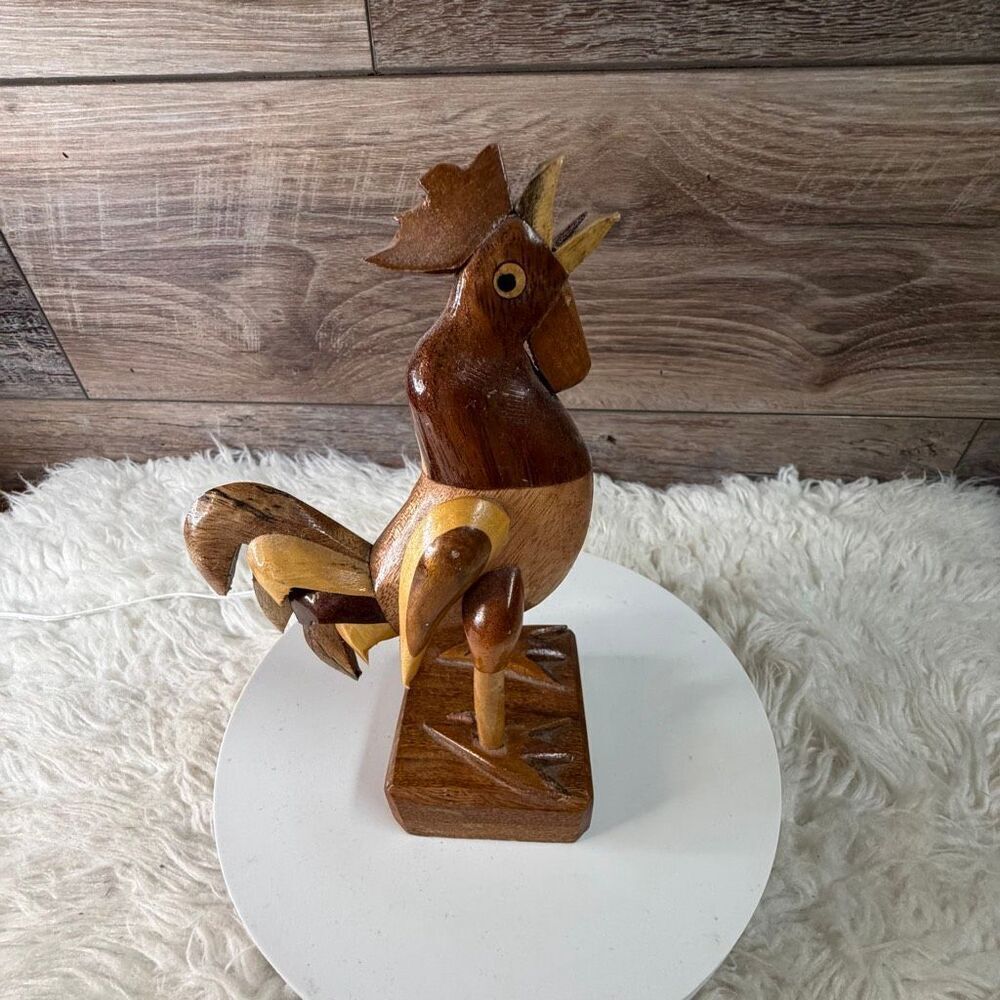 Handcarved Wooden Rooster Chicken Crafted In Bahamas 7” Tall